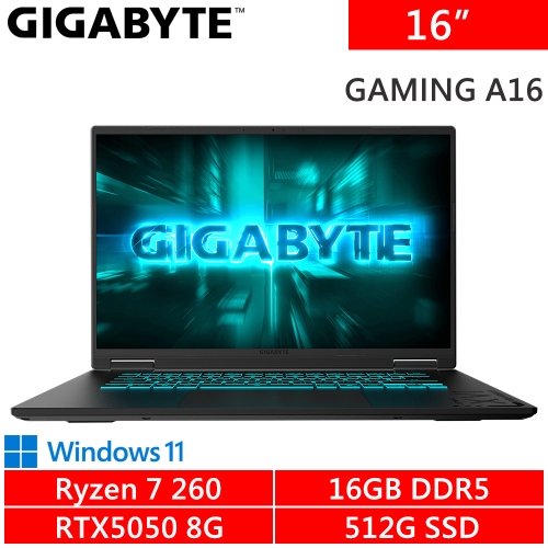 技嘉 GAMING A16 3THK3TW893SH 16吋 黑(AMD Ryzen 7 260/16G DDR5/512G PCIE/RTX5050 8G/W11)